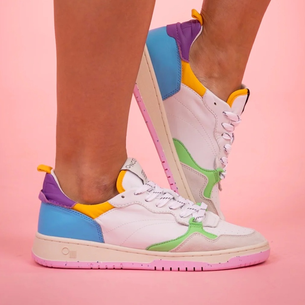 White and Purple Sneakers with Chunky Sole